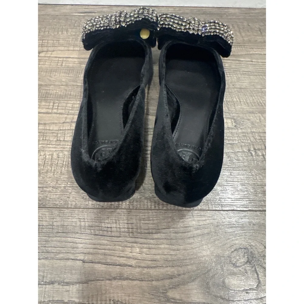Tory Burch Black Velvet Crystal Embellished Bow Pumps Low Block Heel 6M
